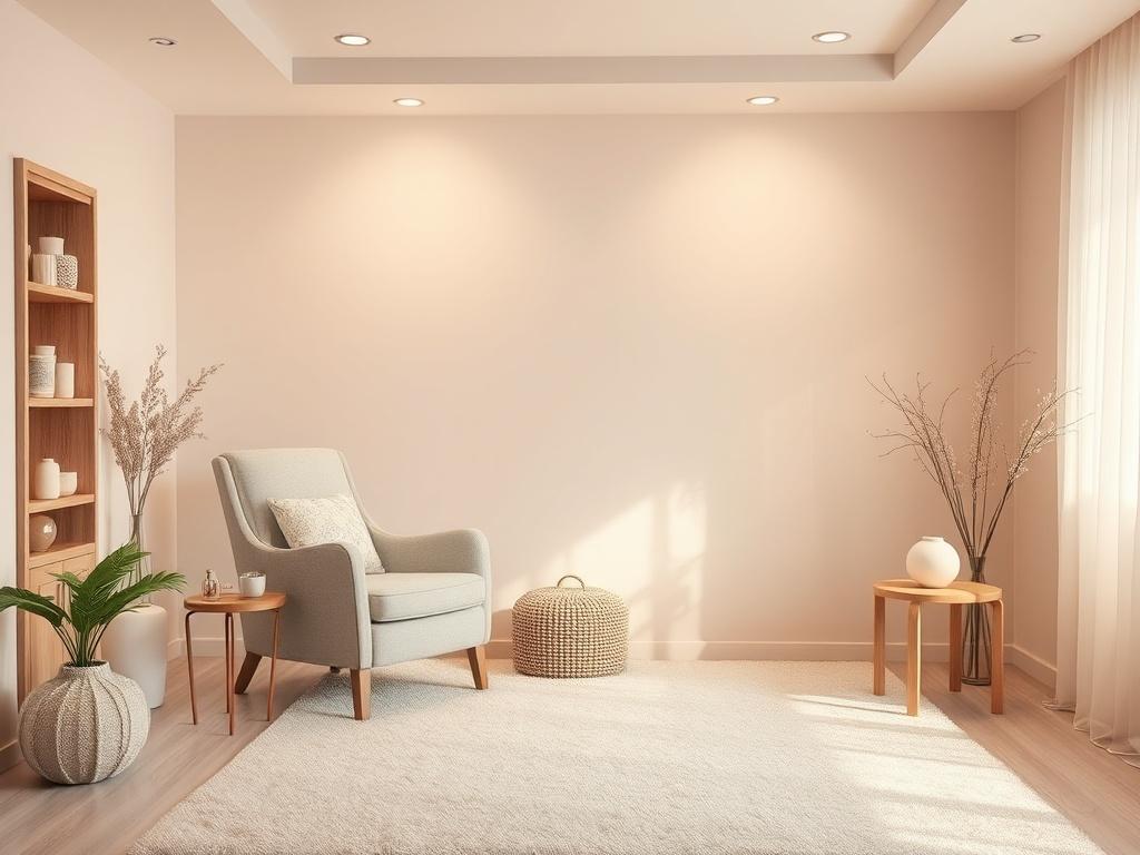 A calming therapy room featuring a comfortable chair and soft lighting, with a serene atmosphere. The background includes soothing colors and gentle decorations that evoke a sense of peace and safety, inviting individuals to feel at ease.