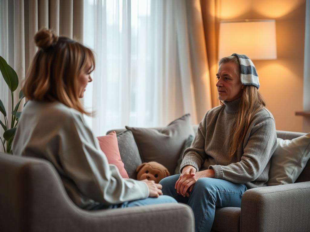 A cozy couples therapy session with two partners sitting close together, engaged in a heartfelt conversation. The setting features soft lighting, comfortable seating, and a peaceful ambiance, creating a welcoming atmosphere for open dialogue.