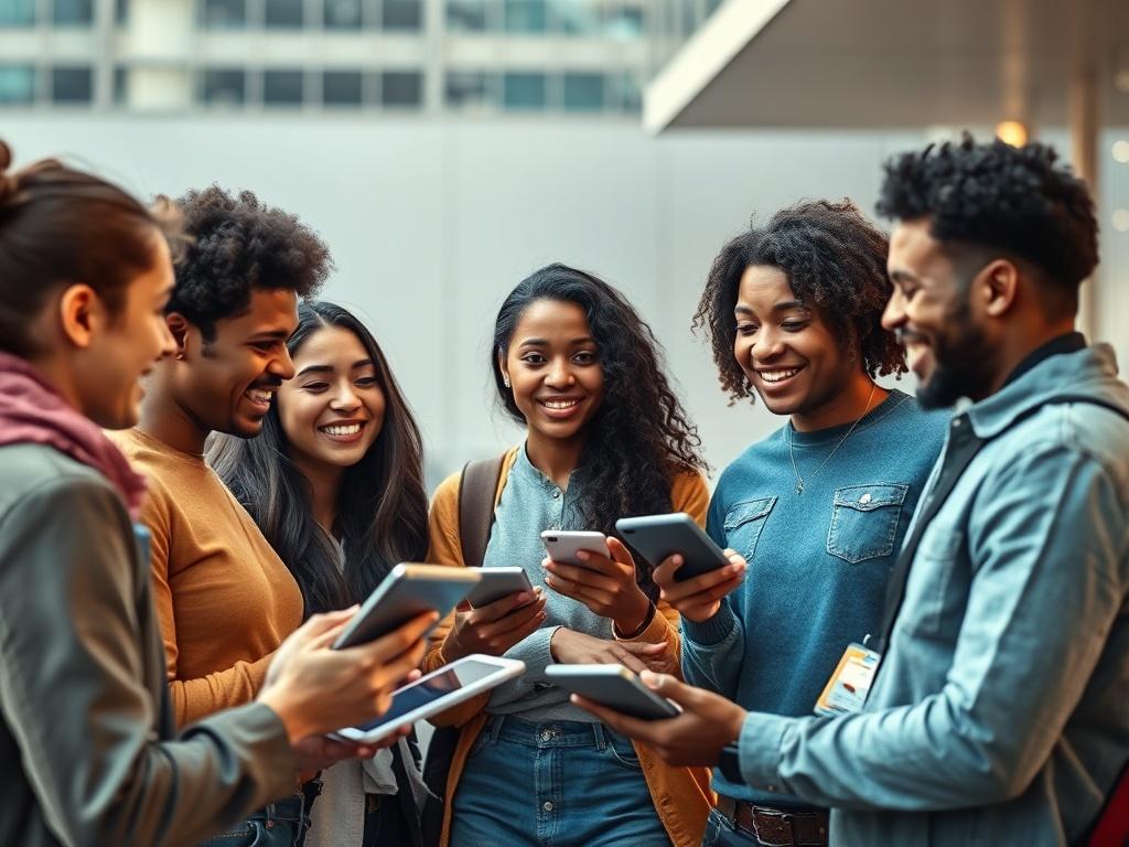 A high resolution image of a young, diverse group of