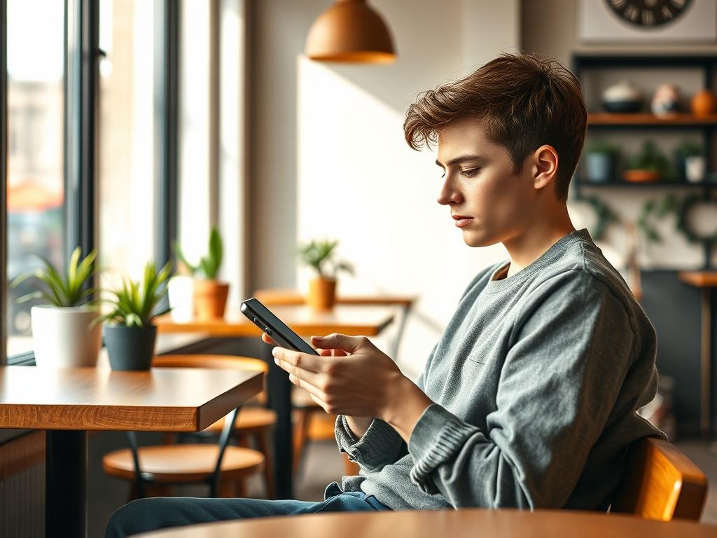 **AI Image Generation Prompt**

Create a realistic high-resolution photograph that visually embodies the theme titled "L'impact des réseaux sociaux sur l'actualité." The composition should be simple and clear, featuring a single subject: a young person engaged in reading news on their smartphone while sitting in a cozy, modern café. 

The individual should be depicted as a young adult, casually dressed, with an expression of curiosity and attentiveness. They should be holding the phone in both hands, absorb