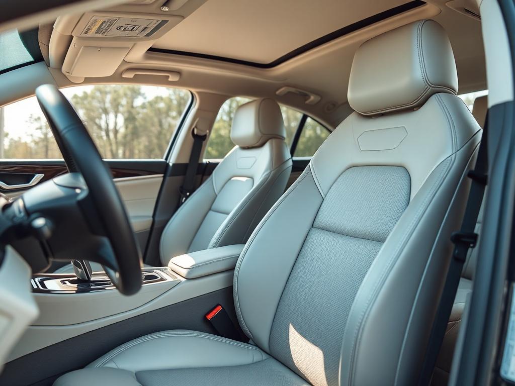 A close-up shot of a pristine car interior, featuring clean leather seats and a spotless dashboard, captured with a 45mm f/1.2 lens style. The focus is on the cleanliness and attention to detail, with soft natural lighting highlighting the textures of the upholstery and surfaces.