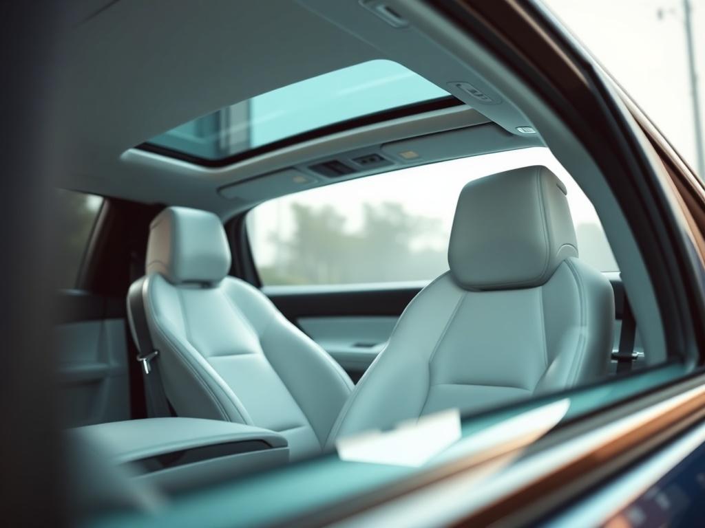 A close-up shot of a vehicle showcasing its immaculate interior and exterior, demonstrating the transformation of both spaces, captured with a 45mm f/1.2 lens style. The image highlights the cleanliness and shine, inviting viewers to appreciate the attention to detail.