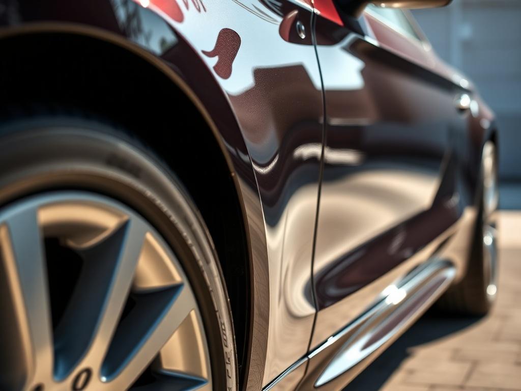 A close-up shot of a shiny car exterior, showcasing a freshly polished surface and gleaming wheels, captured with a 45mm f/1.2 lens style. The sunlight reflects off the paint, emphasizing the high-quality finish and attention to detail.