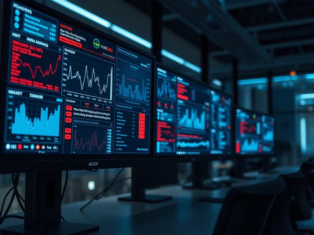 A close-up shot of a high-tech cybersecurity monitoring system displaying multiple screens with behavior analysis graphs and threat detection alerts. The background should have a sleek, modern office environment with a focus on technology, featuring dim lighting that highlights the screens. The overall composition should convey a sense of advanced technology and security vigilance.