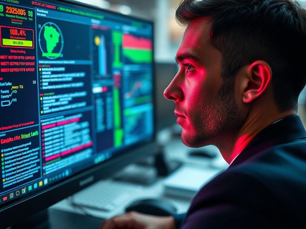 A close up shot of a cybersecurity analyst focused on