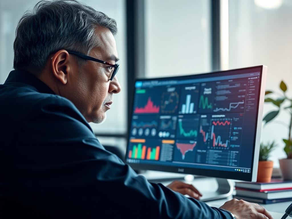 Create a realistic high-resolution photograph for a blog post titled "Understanding Multi-Vector Behavior Analysis." The composition should focus on a single subject: a cybersecurity analyst, concentrating on their computer screen. The analyst, a middle-aged South Asian individual, should be depicted fully engaged in their work, with a slight furrowed brow suggesting concentration. On the screen, show a detailed graphical user interface displaying charts, behavior analysis metrics, and a visualization of mu