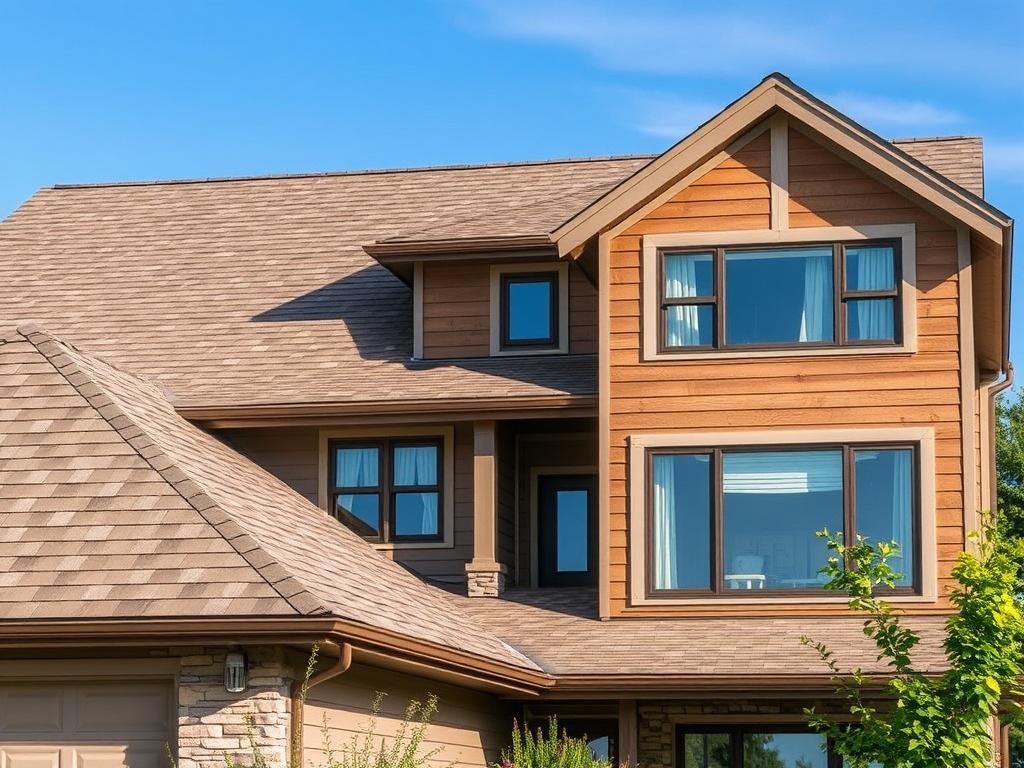 A high-resolution, realistic image showcasing a newly installed roof with sleek shingles, modern siding in earthy tones, and energy-efficient windows reflecting natural light. The background should feature a clear blue sky and a well-maintained garden, emphasizing a clean and green aesthetic. The composition should focus solely on the exterior elements of a house, showcasing their details and craftsmanship.