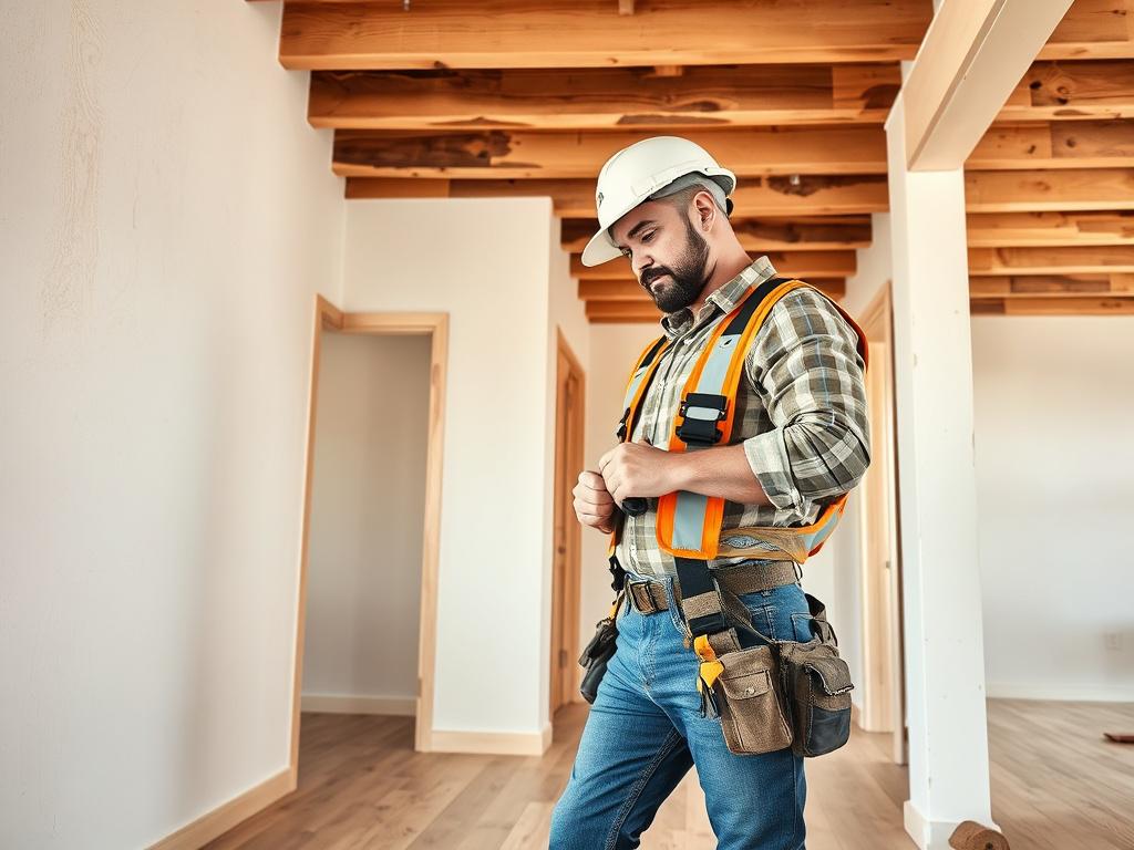 A high-resolution image showing a skilled contractor inspecting a partially restored home interior. The contractor, wearing safety gear, is examining the walls and flooring, showcasing the meticulous attention to detail. The background features a mix of exposed wooden beams and fresh, neutral-toned paint, creating a clean and inviting atmosphere. The image should evoke a sense of professionalism and care in the restoration process, with natural lighting highlighting earthy textures.