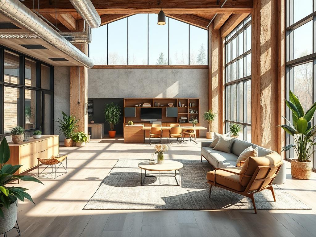 A renovated office space featuring an open floor plan with modern furnishings and natural light flooding in through large windows. The composition highlights the sleek design, incorporating natural materials and earthy colors for a clean and green aesthetic. The focus is on a collaborative workspace, illustrating the balance between functionality and style in commercial design.