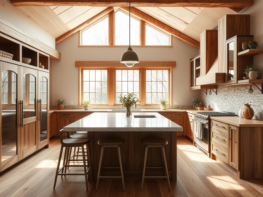 A beautifully renovated kitchen featuring modern cabinetry, an island with seating, and natural light pouring in through large windows. The kitchen exudes warmth with earthy tones and natural textures, such as wooden countertops and stone backsplash. The composition focuses on the kitchen island as the main subject, highlighting the inviting atmosphere of the space.