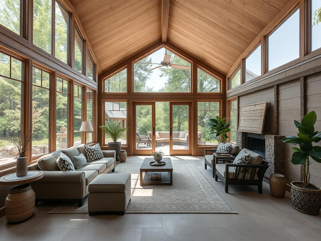 A spacious custom home addition featuring a bright sunroom with large windows, comfortable seating, and natural decor. The addition blends harmoniously with the existing home structure, showcasing a seamless transition in style and materials. The outdoor view is lush and inviting, enhancing the overall ambiance of the space.