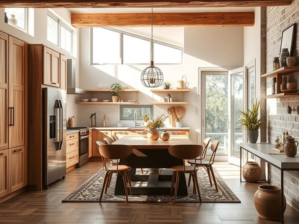 A beautifully renovated kitchen featuring modern appliances, stylish cabinetry, and a cozy dining area. The space should highlight natural light streaming in through large windows, with earthy textures and warm colors that create an inviting atmosphere. The background can include decorative elements like plants or artwork for added character.