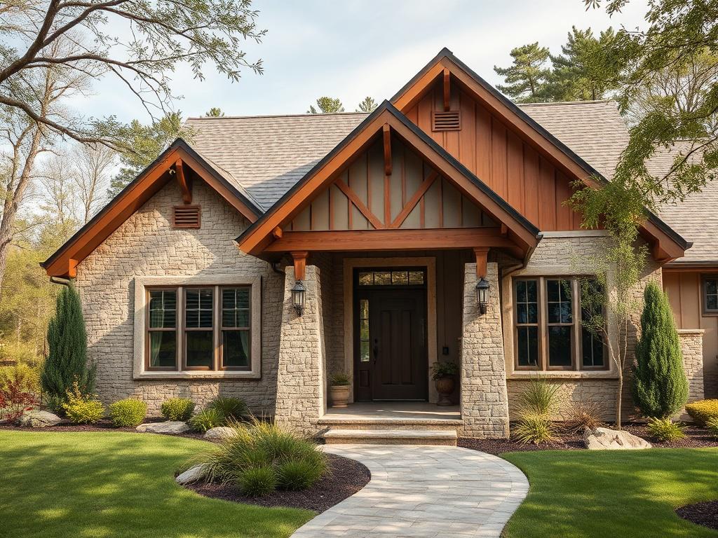 A realistic high-resolution photo of a custom-built home exterior, showcasing unique architectural features and natural materials. The image should display a welcoming front entrance with a beautifully landscaped yard and wooden accents. The background should include a serene natural setting, emphasizing the harmonious blend of the custom home with its environment, capturing the essence of personalized design.