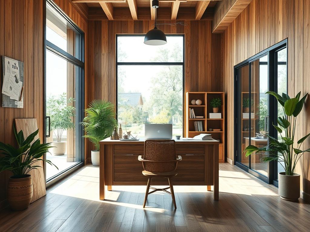 A welcoming reception area of a construction office, featuring natural wood textures and earthy tones. The focus is on a wooden desk with a few construction blueprints neatly arranged, an inviting chair in front, and a large window in the background allowing soft natural light to flood the space. The overall atmosphere should convey professionalism and warmth, emphasizing a clean and green aesthetic.