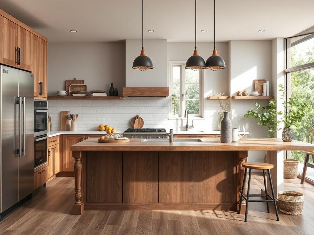 A beautifully renovated kitchen showcasing modern appliances, stylish cabinetry, and earthy textures. The composition focuses on the kitchen island with natural light streaming through a window, highlighting the rustic aesthetic with wood accents and greenery in the background.