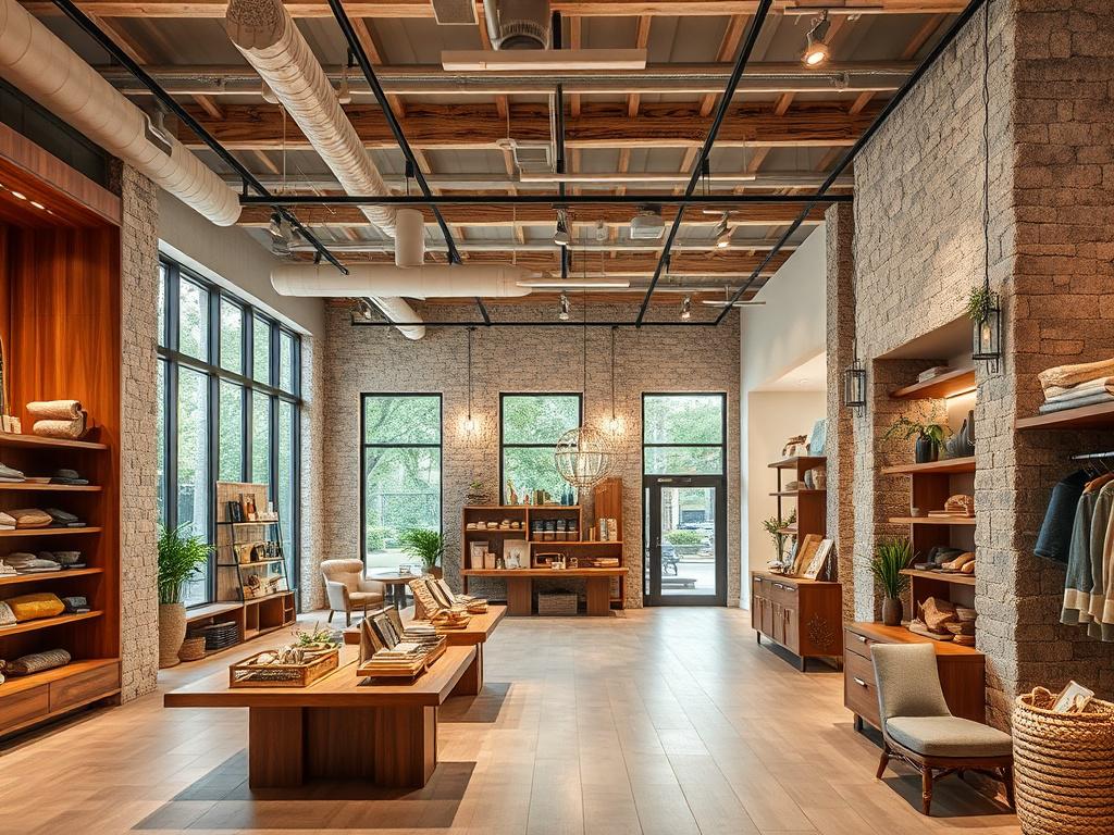 A modern retail space with an open layout, featuring stylish displays and ambient lighting. The image should emphasize the welcoming atmosphere with a focus on natural materials like wood and stone, complemented by warm colors and inviting decor.