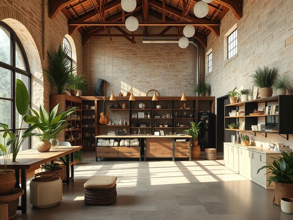 A custom-built retail space featuring a unique architectural design, showcasing innovative use of space and materials. The composition should highlight the creative layout with striking details, surrounded by natural elements and a warm, inviting atmosphere.