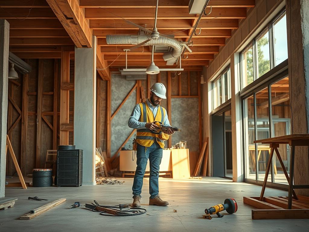 **AI Image Generator Prompt:**

Create a realistic high-resolution image that showcases the essence of renovation through the lens of Ravtaj Construction Ltd. The main subject of the image should feature a skilled contractor in the midst of a renovation project, actively working on transforming a space. The contractor should be depicted in a focused stance, wearing a hard hat and safety gear, using modern construction tools with precision. 

The background should reveal a partially renovated interior of a r