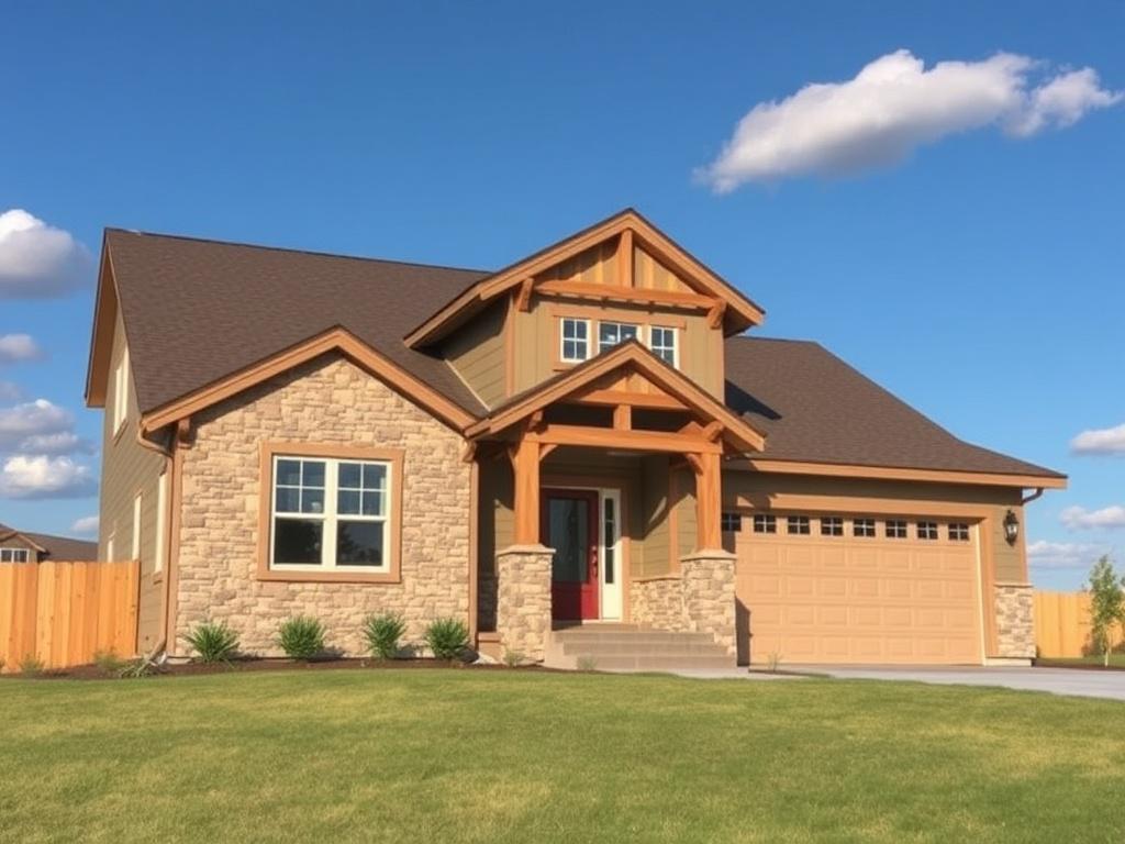 A realistic high-resolution photo of a newly constructed home showcasing expert craftsmanship. The house should be set against a clear blue sky with a few fluffy clouds. The design should feature a modern yet warm aesthetic, with earthy tones and natural materials such as wood and stone. The foreground should include a well-maintained lawn and garden, emphasizing a welcoming and homey atmosphere. The composition should be simple and clear, focusing on the home as the sole subject.