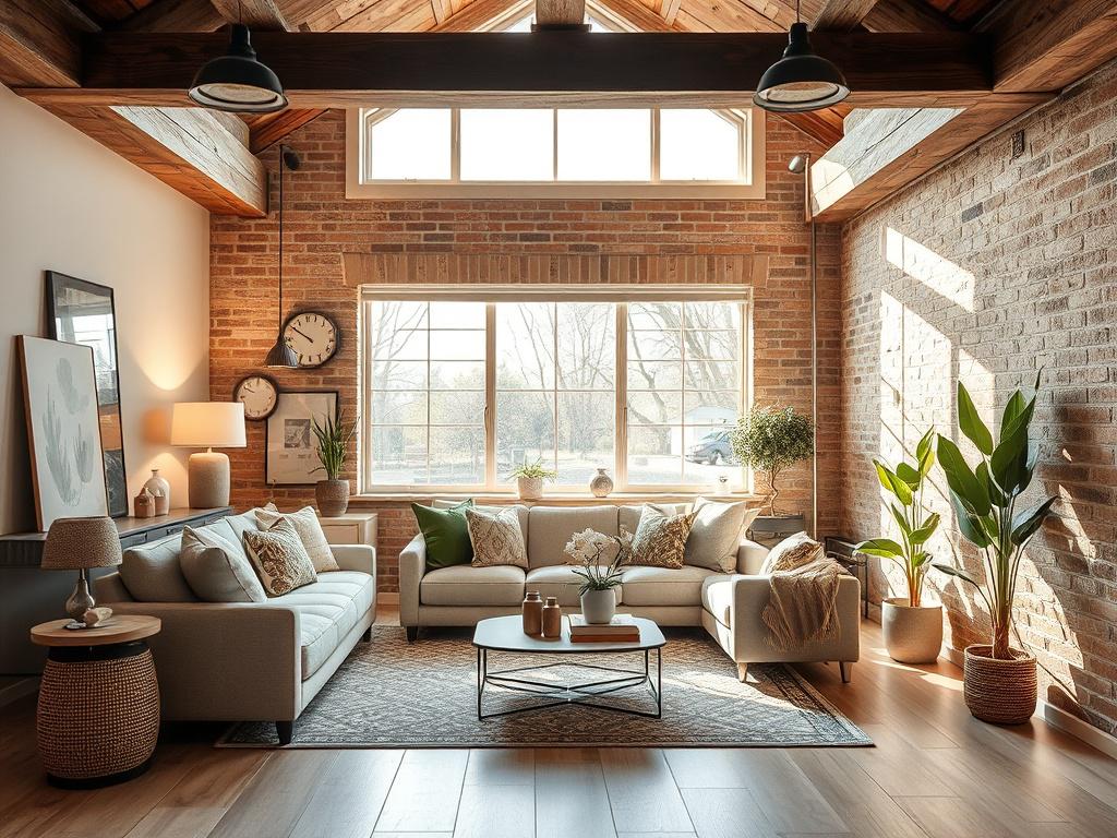 A beautifully renovated basement suite showcasing a cozy living area with modern furnishings, warm lighting, and earthy textures. The image should feature a single, well-decorated room with a comfortable sofa, stylish decor, and large windows allowing natural light to flood in. The background should have rustic elements, such as exposed brick or wooden beams, creating a grounded, inviting atmosphere that emphasizes quality craftsmanship.