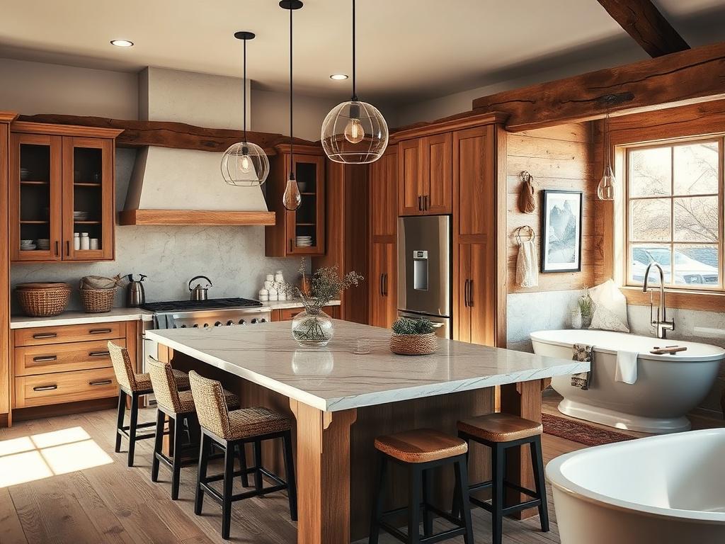A beautifully renovated kitchen featuring modern appliances, elegant cabinetry, and a rustic charm. The scene showcases a spacious kitchen island with comfortable seating, surrounded by warm, earthy tones and natural textures. In the background, a well-lit bathroom with a luxurious bathtub and stylish fixtures complements the overall aesthetic. The composition focuses on the kitchen area, highlighting the blend of functionality and beauty, with soft natural light illuminating the space.