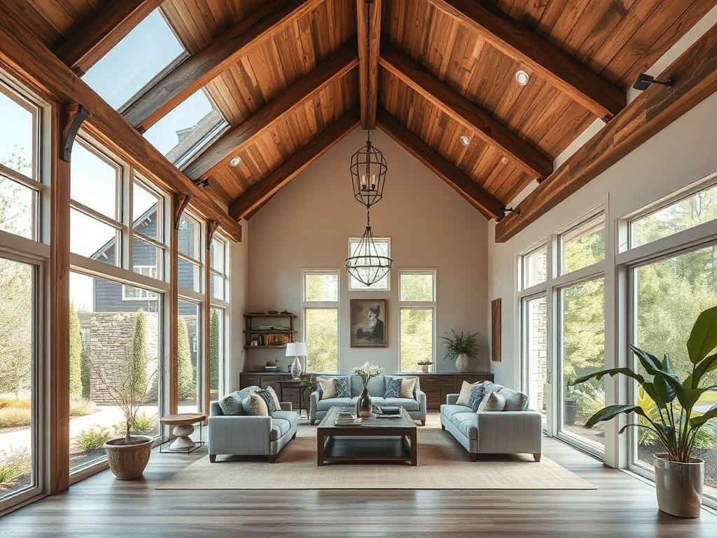 A beautifully designed home addition showcasing a spacious family room with large windows, allowing natural light to flood the space. The addition features rustic wooden beams, earthy tones, and a cozy atmosphere with comfortable furniture and tasteful decor. The background includes a well-maintained garden, enhancing the home's exterior appeal. The composition is clear and simple, focusing on the inviting interior of the addition, conveying a sense of warmth and openness.