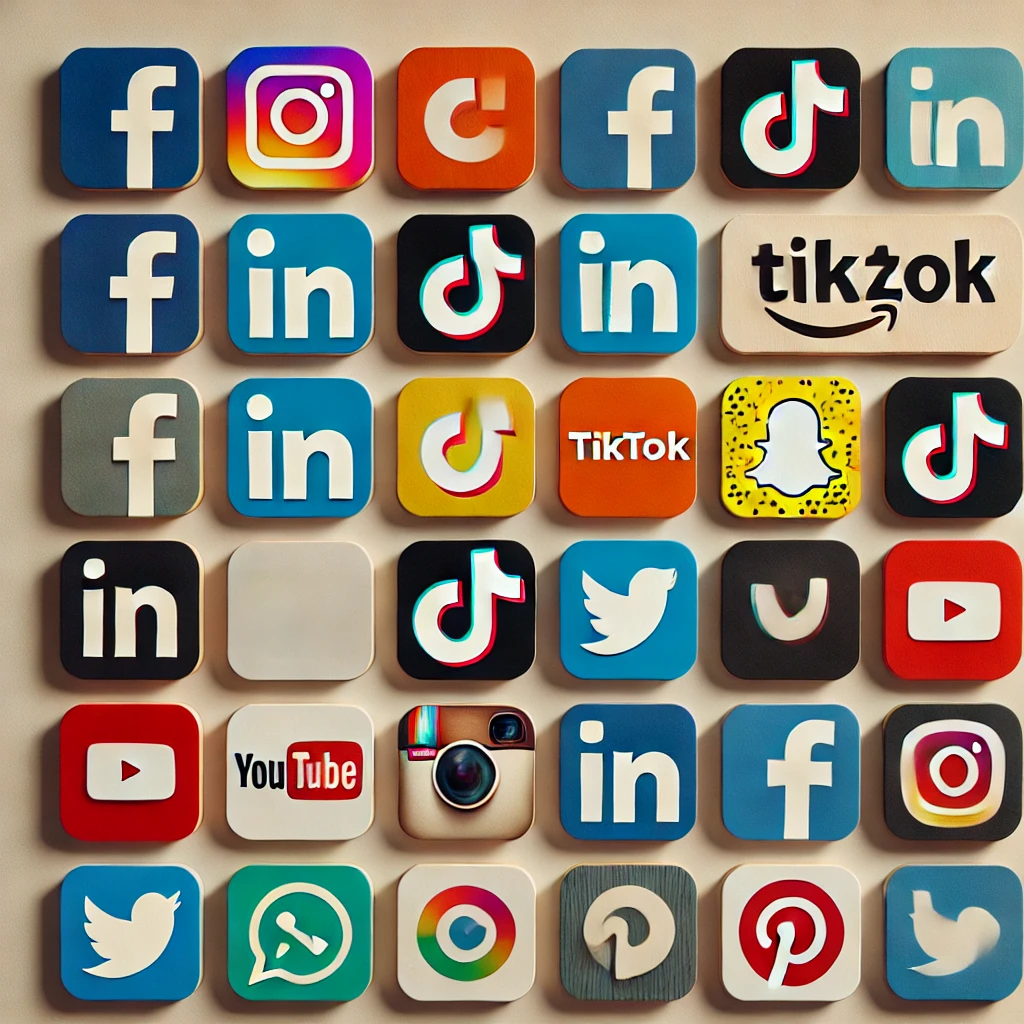 dall·e 2024-08-12 09.39.35 - a collage of popular social media logos, including facebook, instagram, tiktok, linkedin, snapchat, twitter (x), youtube, pinterest, and whatsapp. the.webp