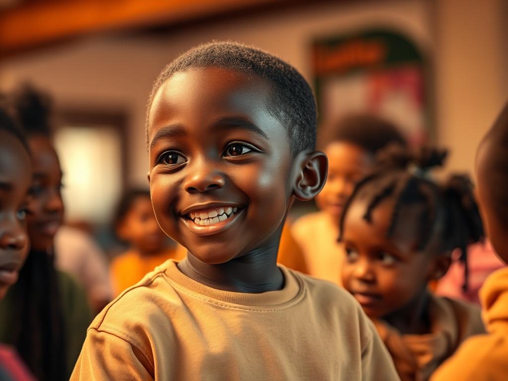A young boy of African descent, smiling and engaged in a group activity with peers, surrounded by a warm, inviting environment. The background shows a community center with soft lighting and cozy, golden hues. The boy is actively participating, showcasing leadership and confidence. The atmosphere reflects positivity, inclusion, and collaboration.
