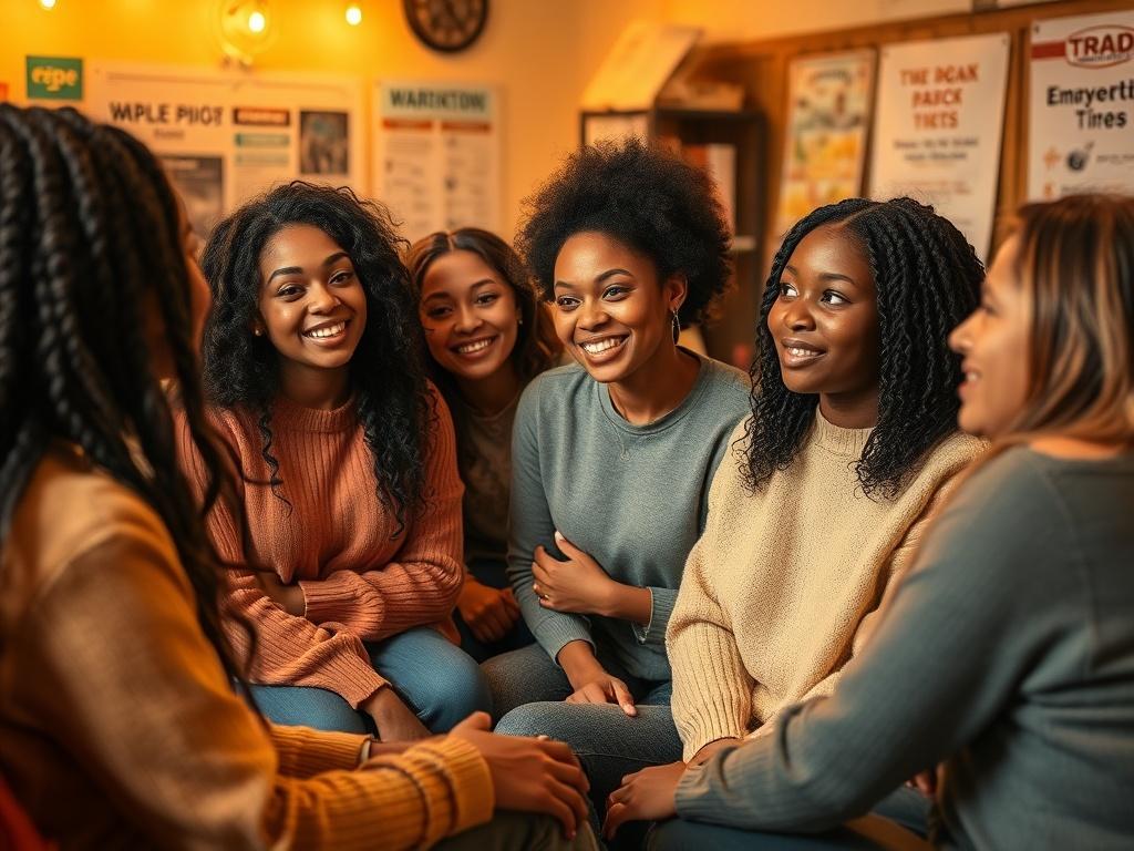 A warm, inviting image of a diverse group of young women engaged in a community workshop, surrounded by soft golden lighting. The setting should be cozy and serene, showcasing the participants actively discussing and collaborating. The background should include elements of a community center, with posters and materials that reflect empowerment themes. The composition should focus on the expressions of determination and enthusiasm among the women.