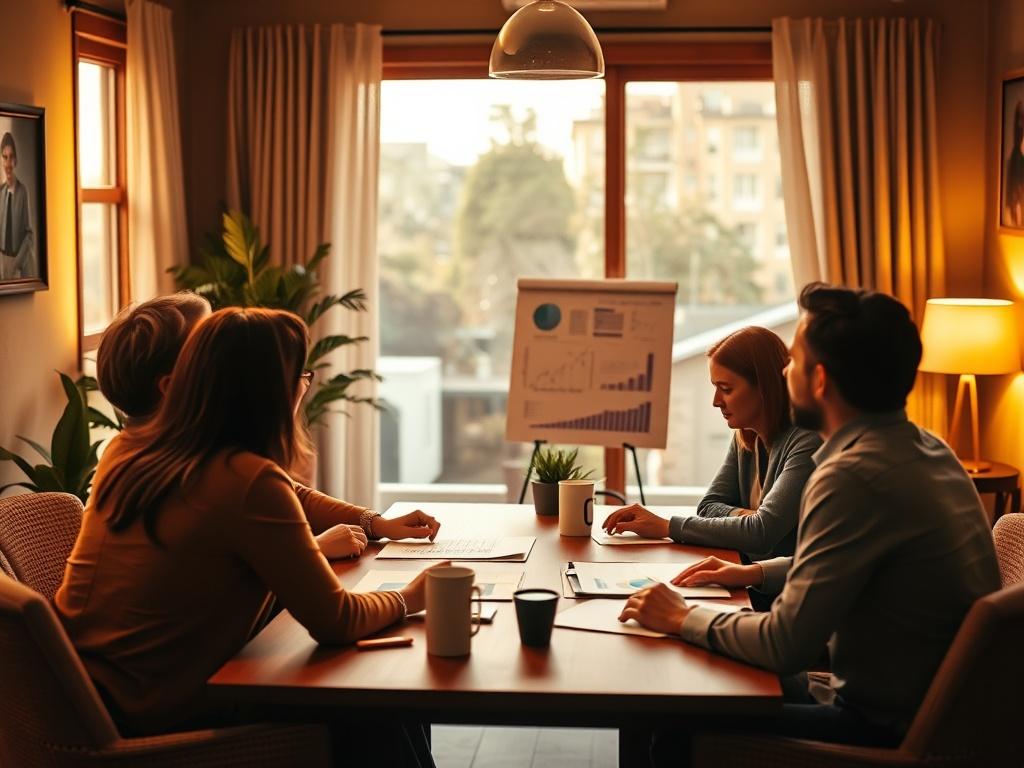 A woman confidently presenting her business plan to a small
