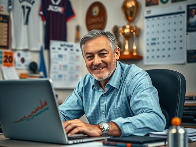 **AI Image Generation Prompt:**

Create a realistic high-resolution photo that captures the essence of the blog titled "Unleashing the Power of Soccer Predictions." The composition should be simple and clear, featuring a single, focused subject: a passionate soccer analyst deeply immersed in his work. 

The subject should be a middle-aged man with an enthusiastic demeanor, seated at a desk cluttered with soccer statistics, historical match data, and a laptop displaying graphs and charts related to soccer pr