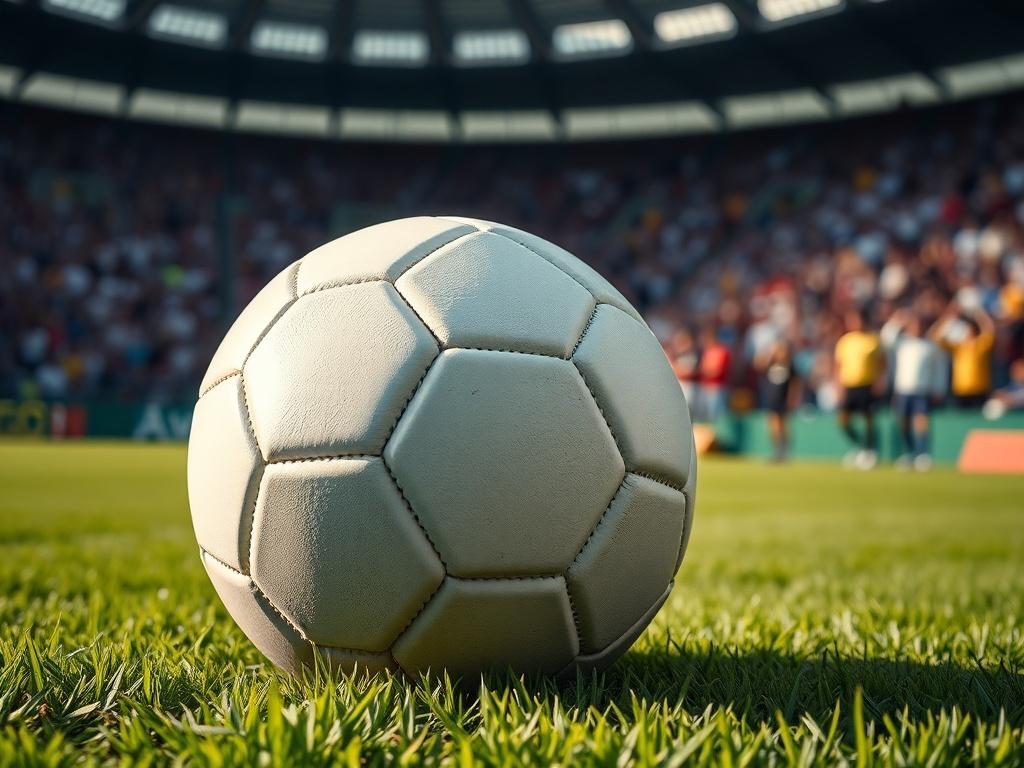 Create a realistic high-resolution photo featuring a detailed close-up shot of a soccer ball resting on a lush green pitch. The focus should be sharp, capturing every stitch and surface texture of the ball, which should be prominently placed in the center of the frame. 

In the background, softly blur the vibrant colors of a stadium filled with a cheering crowd, giving a sense of excitement and anticipation for the weekend’s matches. The lighting should be natural, simulating a bright afternoon sun casting 