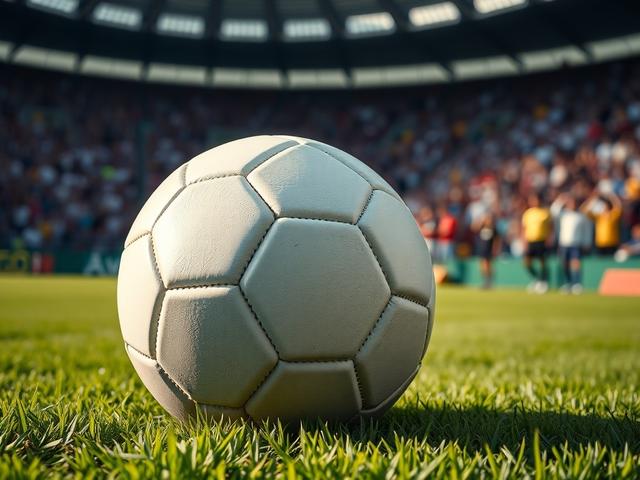 Create a realistic high-resolution photo featuring a detailed close-up shot of a soccer ball resting on a lush green pitch. The focus should be sharp, capturing every stitch and surface texture of the ball, which should be prominently placed in the center of the frame. 

In the background, softly blur the vibrant colors of a stadium filled with a cheering crowd, giving a sense of excitement and anticipation for the weekend’s matches. The lighting should be natural, simulating a bright afternoon sun casting 