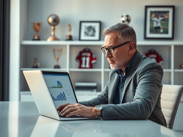 **Prompt for AI Image Generation:**

Create a realistic high-resolution photograph focusing on a single subject: a soccer analyst intently reviewing data on a laptop in a modern office setting. The analyst, a middle-aged man with glasses, dressed in a smart-casual outfit, should be positioned at a clean desk with graphs and soccer-related statistics visible on the laptop screen. 

The background should feature sleek shelves with soccer trophies and framed jerseys, reflecting a deep passion for the sport. So