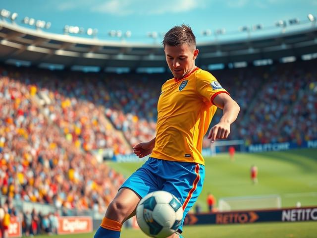 Create a highly detailed, realistic high-resolution photo for a blog titled "Top Upcoming Soccer Matches to Watch." The composition should feature a single soccer player in mid-action, demonstrating a dynamic move such as dribbling or striking the ball. The subject should be dressed in a vibrant soccer uniform, emphasizing the energy and excitement of the game.

The background should be a lively, blurred soccer stadium filled with cheering fans, capturing the intensity and atmosphere of a match day. Ensure 