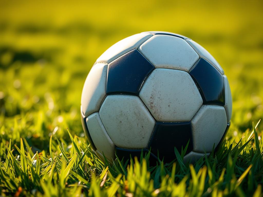 A hyper-realistic close-up shot of a soccer ball on a grassy field, with sunlight glinting off the surface, capturing the texture and detail of the ball. The background is softly blurred, emphasizing the soccer ball in the foreground, showcasing the vibrant green grass reflecting the rgb(50, 170, 39) color theme.