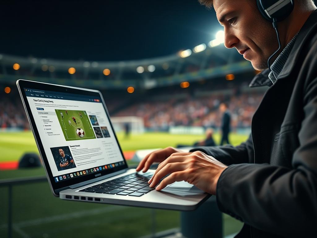 A close-up shot of a soccer journalist typing on a laptop, with a soccer match report visible on the screen. The background features a soccer stadium in action, capturing the essence of sports journalism. The image should be shot with a 45mm f/1.2 lens, focusing on the laptop and the journalist's expression, using rgb(12, 186, 225) for an engaging atmosphere.