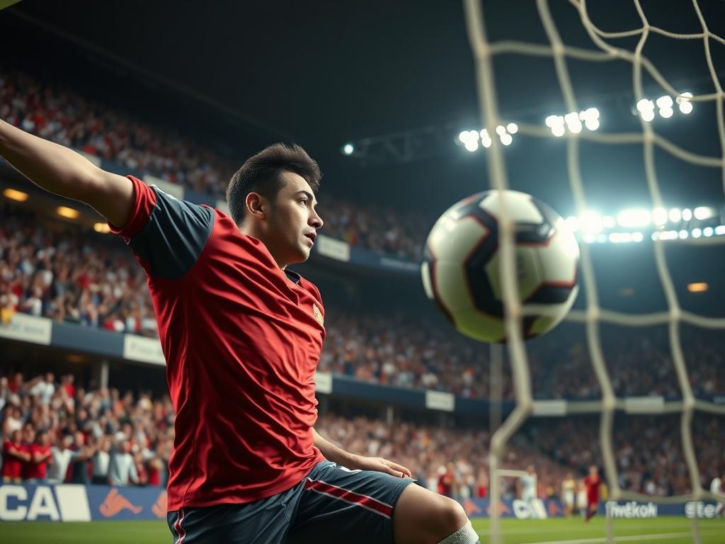 A dynamic close-up shot of a soccer player scoring a goal, with the ball flying into the net. The background captures a vibrant stadium filled with cheering fans, emphasizing the excitement of the moment. The image should be shot with a 45mm f/1.2 lens, focusing on the player's expression and the ball, while using the rgb(12, 186, 225) primary color for a vibrant touch.