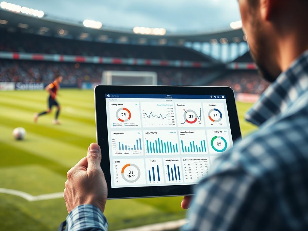 An analytical view of a soccer field with overlaid statistics and player performance data. The image focuses on the data and insights displayed on a tablet, held by a soccer analyst, set against a blurred background of a soccer match in action. The shot should be taken with a 45mm f/1.2 lens, highlighting the tablet's screen with vibrant rgb(12, 186, 225) details.