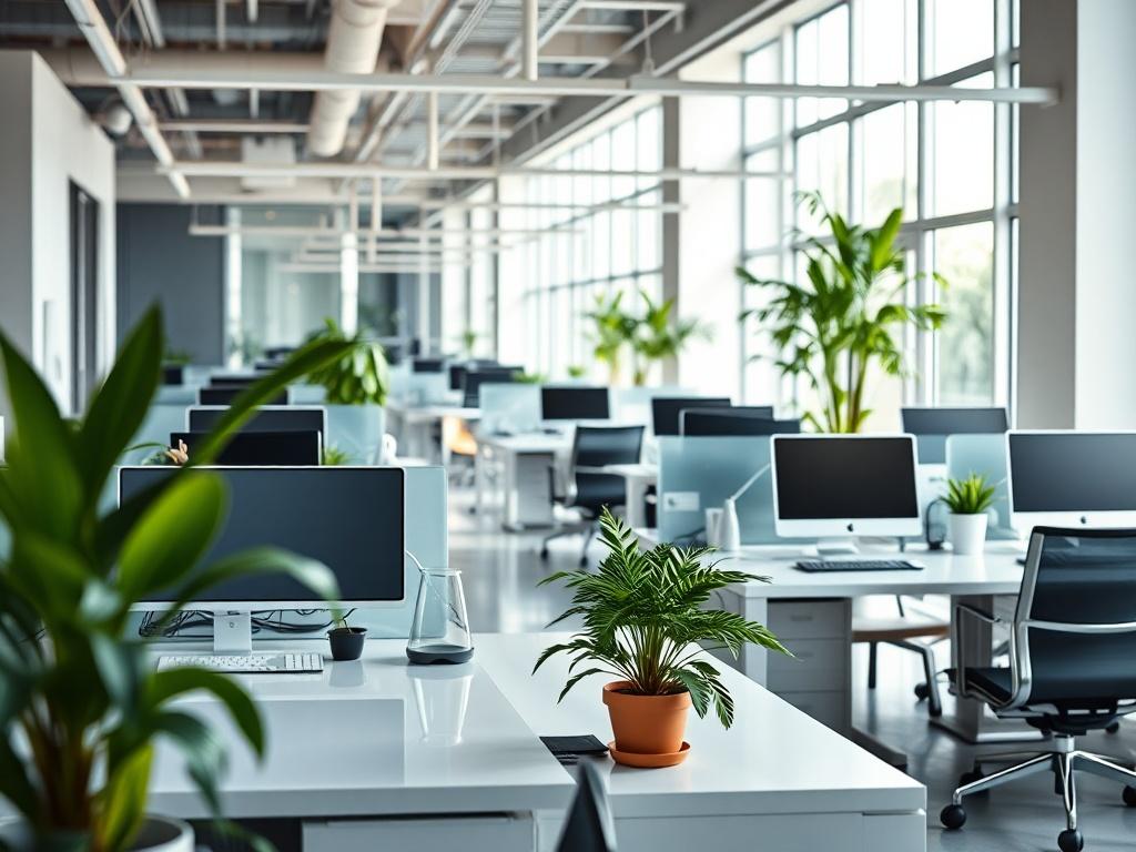 A modern office space with sparkling clean desks and meeting areas, showcasing organized workstations and fresh plants. The image should reflect a professional atmosphere, with natural light enhancing the cleanliness and welcoming vibe of the space.
