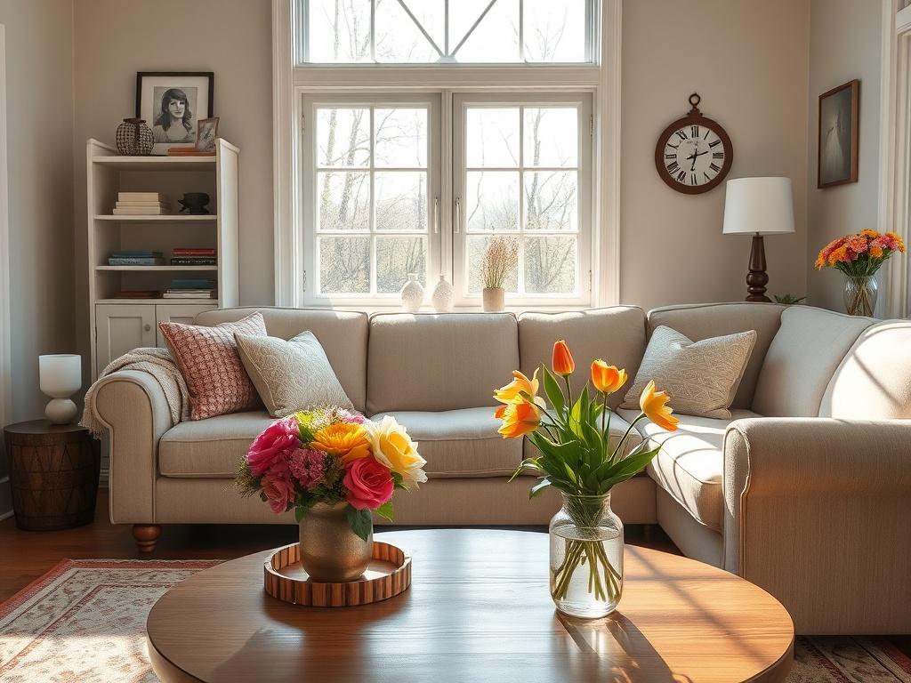 A clean and tidy living room with sunlight streaming through the windows, showcasing a comfortable sofa and fresh flowers on the table. The room is organized, with subtle touches of Maine's natural beauty through decor. The composition should have a clear focus on the space, highlighting cleanliness and comfort.