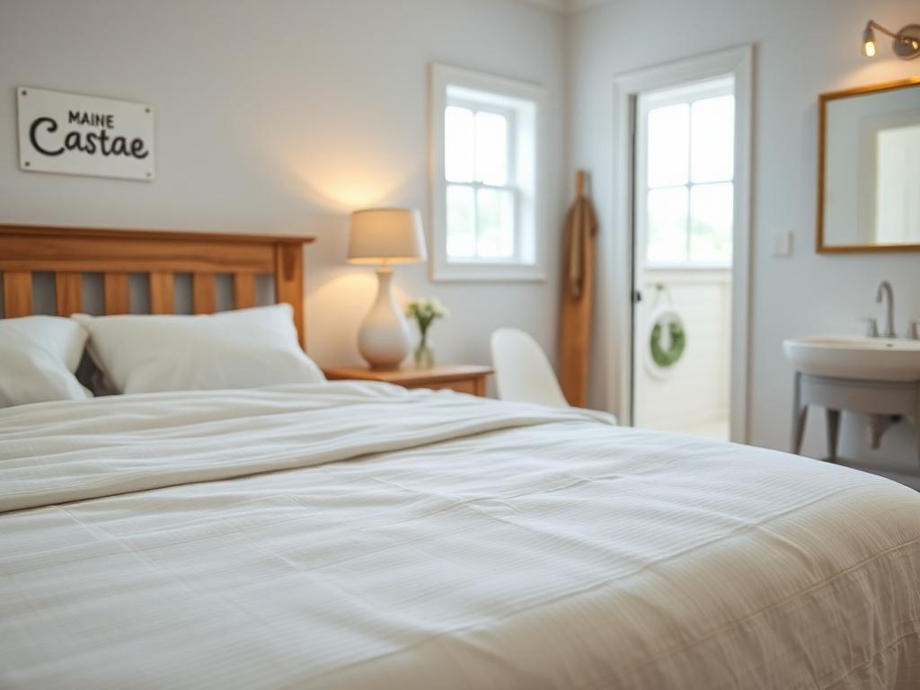An Airbnb rental after a thorough cleaning, showcasing fresh linens on a well-made bed, and a sparkling clean bathroom. The space should look inviting and ready for guests, with a subtle Maine-themed decor element in the background. The focus should be on cleanliness and hospitality.