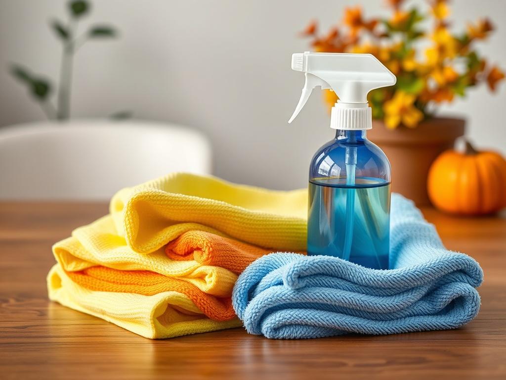 Create a realistic high-resolution photo that visually embodies the essence of the blog titled "Essential Cleaning Tips for Every Season." The image should focus on a single subject: a bright and clean seasonal cleaning kit, invitingly arranged on a simple, wooden table surface. 

The kit should include items such as a set of vibrant, color-coded microfiber cloths representing the four seasons: spring (light green), summer (yellow), autumn (orange), and winter (deep blue). Beside the cloths, feature a styli