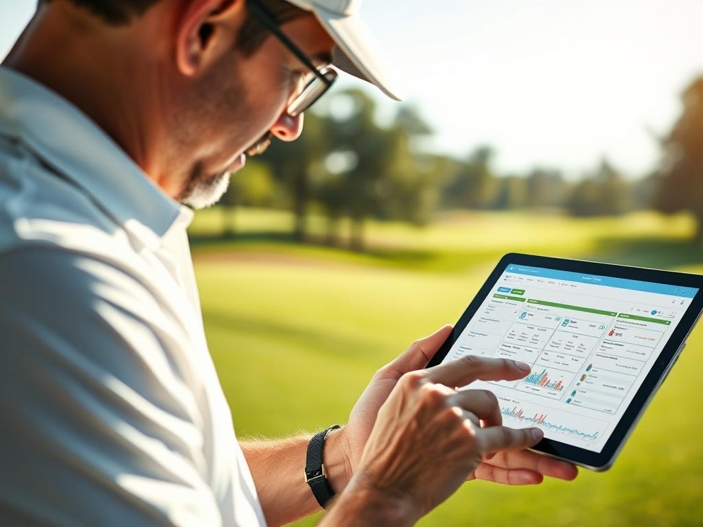 A close up shot of a golf facility manager analyzing