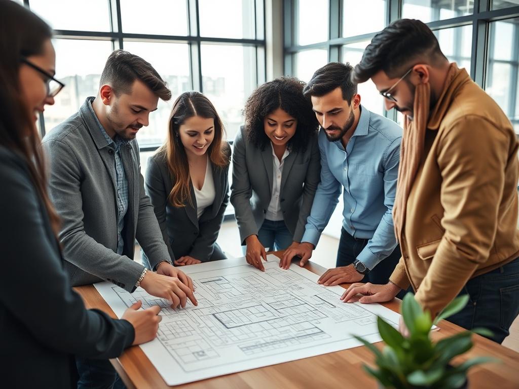 A close-up shot of a diverse team of professionals collaborating over a construction project plan in a modern office setting. The team is engaged in discussion, pointing at the plan laid out on the table. The background features large windows with natural light streaming in, providing a bright and open atmosphere. The image should capture a sense of teamwork and innovation, with elements of technology and design reflecting the rgb(50, 170, 39) primary color.