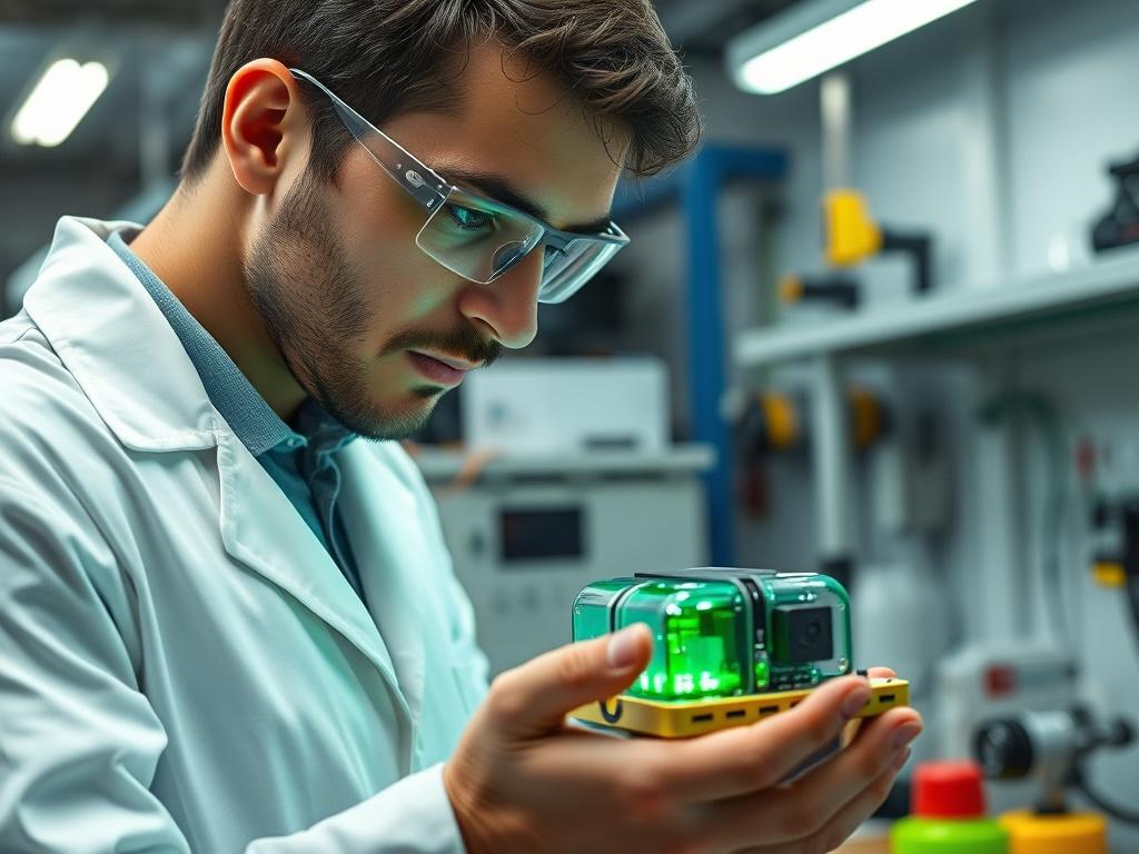 A close-up shot of a scientist in a lab coat examining a prototype of a construction technology device. The setting is a modern research lab filled with advanced equipment and tools. The scientist is focused on the prototype, demonstrating a sense of innovation and discovery. The color palette should incorporate elements of green to align with the rgb(50, 170, 39) primary color, symbolizing sustainability and progress.