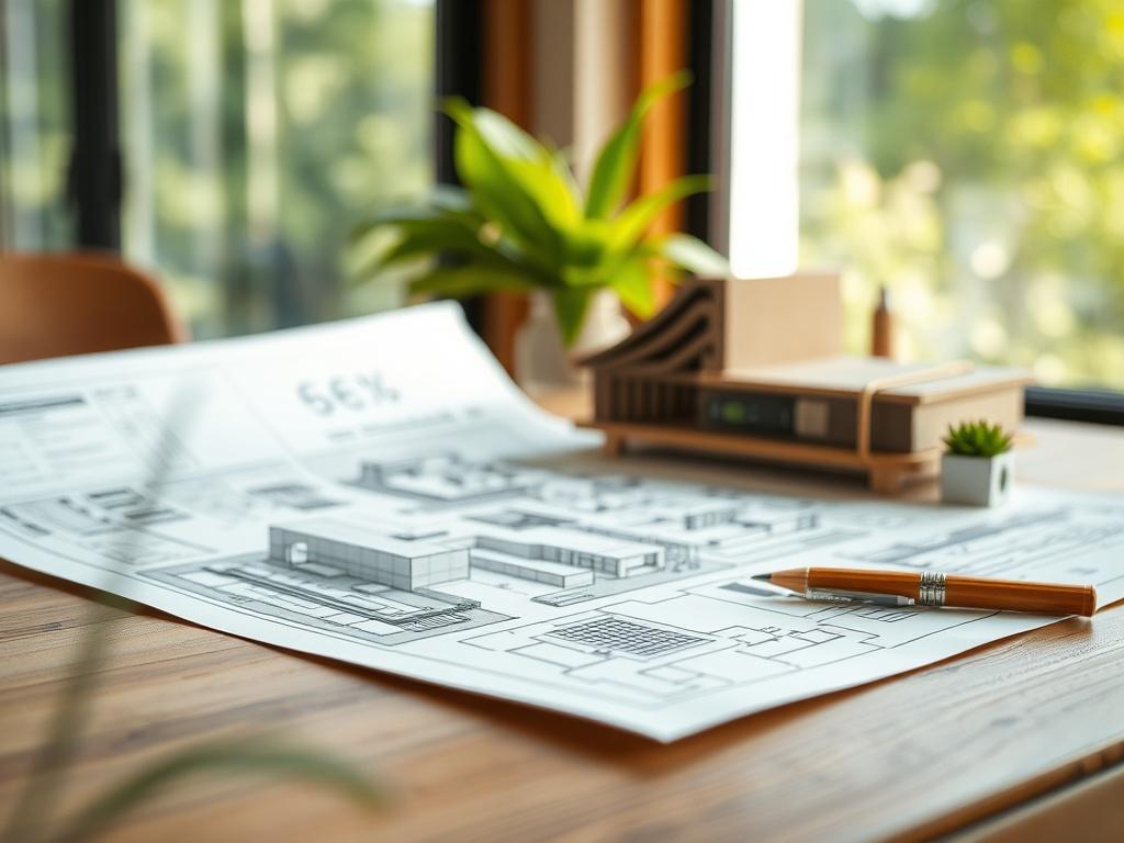 A close-up shot of a modern, sustainable building design blueprint on a wooden table. The blueprint features intricate details and eco-friendly materials. Soft natural light illuminates the scene, enhancing the textures and colors of the design. The background is blurred to keep the focus on the blueprint, while a hint of green plants can be seen to symbolize sustainability. The overall color scheme should include shades of green, reflecting the rgb(50, 170, 39) primary color.