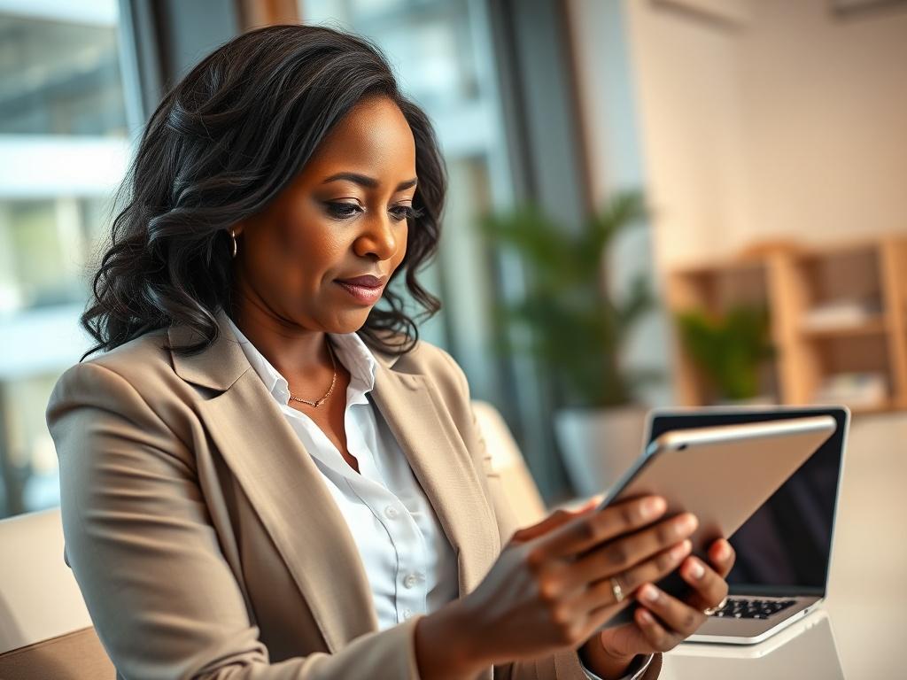 A professional consultant in a modern office setting, reviewing MVNO network plans on a tablet. The consultant is a middle-aged Black woman, wearing business attire, with a focused expression. In the background, a sleek desk with a laptop and an organized workspace enhances the professional atmosphere. The lighting is bright and warm, creating an inviting environment. The image should be hyper-realistic, captured with a 45mm f/1.2 lens to emphasize the subject and provide a soft background blur.