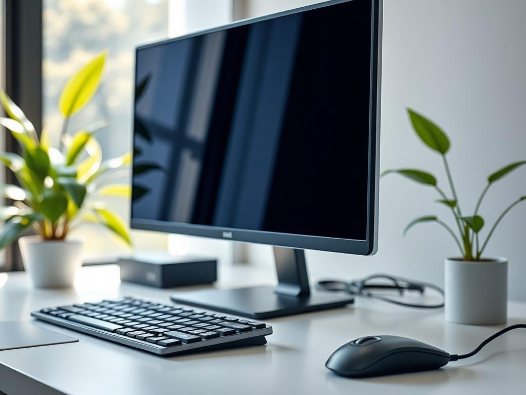 A close-up shot of a modern desktop computer setup featuring a sleek monitor, keyboard, and mouse on a clean office desk. The background should be softly blurred to emphasize the hardware. The setting should convey a sense of professionalism and modernity with natural light illuminating the scene, showcasing a vibrant green plant in the corner that complements the primary color rgb(115, 212, 17). The image should be rendered in hyper-realistic detail, capturing the essence of high-quality technology.