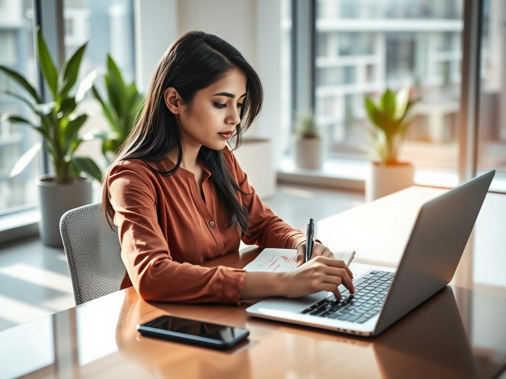 **Prompt for AI Image Generator:**

Create a realistic high-resolution photo focusing on a young entrepreneur, a South Asian woman in her early 30s, sitting at a sleek modern desk adorned with a few high-tech gadgets like a laptop and a tablet. She is engaged in deep thought, writing notes in a notebook while glancing towards the laptop screen, which displays data analytics and graphs related to emerging technologies. The composition should be simple and clear, with the woman as the central subject and an e